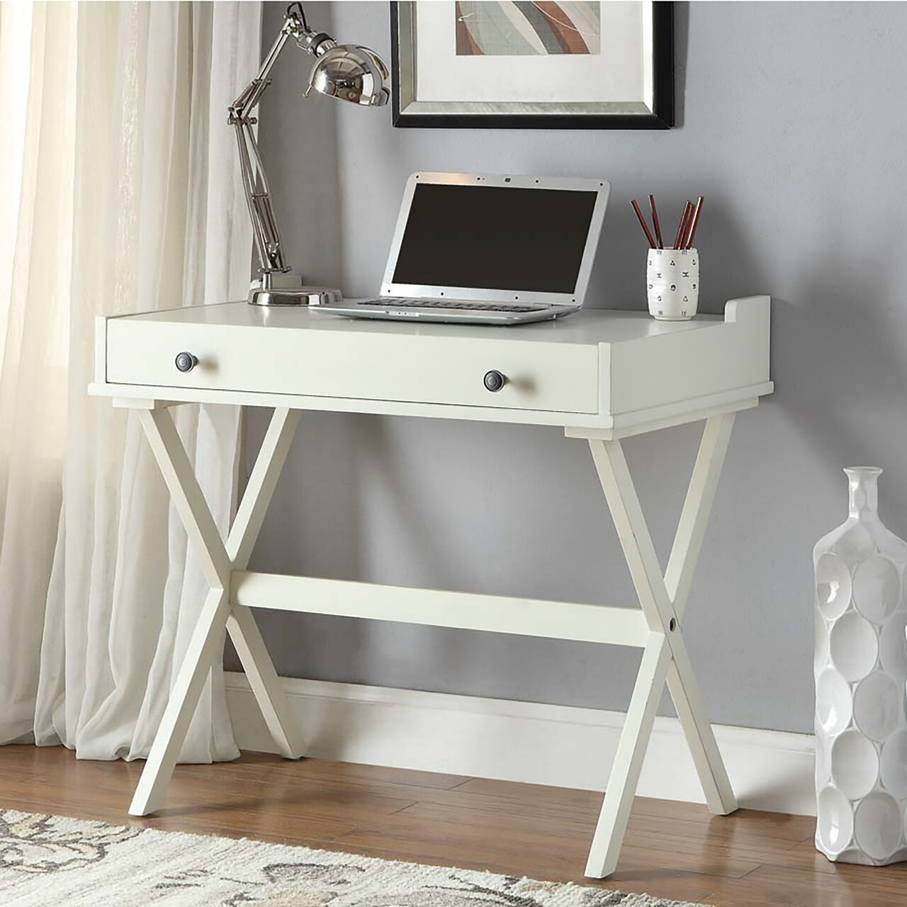 Contemporary Home Living Flip Top Wooden Desk with Cork Board - 34.25" - Antique White